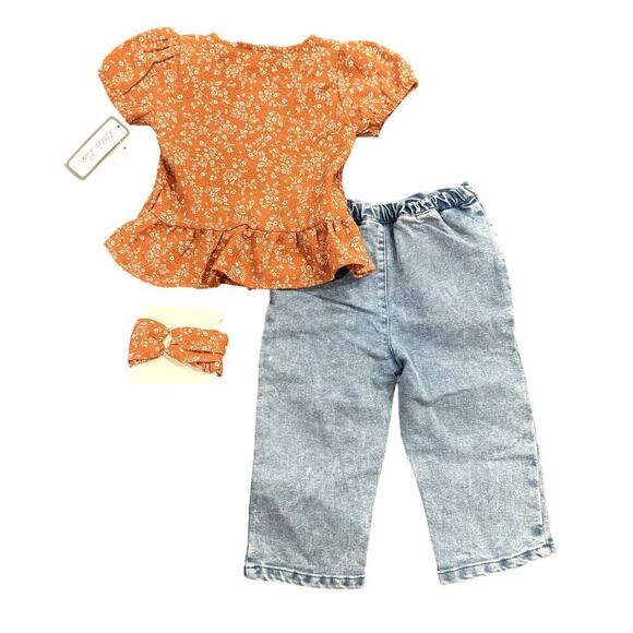 Little Lass Girls 3-Piece Outfit Top, Jeans and Headband in Orange/Blue, Size 4T - Picture 2 of 2